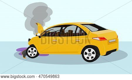Illustiation And Vector. Accident Of A Passenger Car. Bonnet Was Opened And The Front Was Severely D