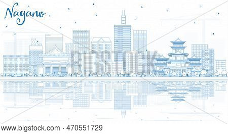 Outline Nagano Japan City Skyline With Blue Buildings And Reflections. Vector Illustration. Business