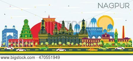 Nagpur India City Skyline With Color Buildings And Blue Sky. Vector Illustration. Business Travel An