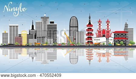 Ningbo China City Skyline With Color Buildings, Blue Sky And Reflections. Vector Illustration. Busin