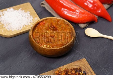 Balkan Snack Of Bell Pepper Ajvar And Eggplant. Vegan Food. Healthy Eating