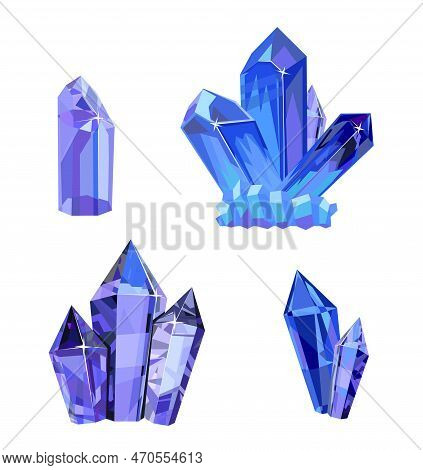 Purple, Lilac Crystals. Vector Illustration On A White Background. Rough Glowing Rocks Stalagmites, 