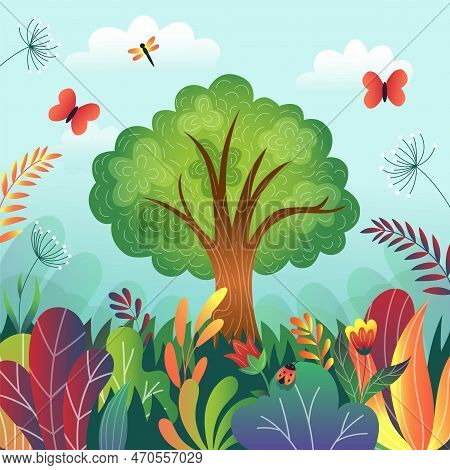 Bright Jungle Tales Landscape. Children Forest. Mysterious Grass And Leaves. Wild Big Fairy Tree. En