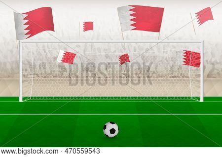 Bahrain Football Team Fans With Flags Of Bahrain Cheering On Stadium, Penalty Kick Concept In A Socc