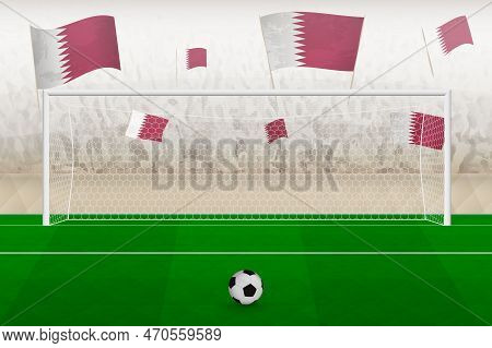 Qatar Football Team Fans With Flags Of Qatar Cheering On Stadium, Penalty Kick Concept In A Soccer M