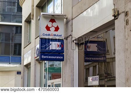 Annecy, France - 06 September 2022: The Sign Of A French Bank, Credit Mutuel, Sign, Is Hanging Above