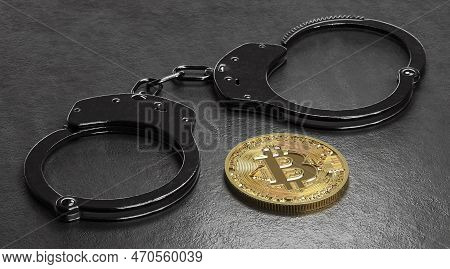 Bitcoin And Handcuffs. Cryptocurrency Law. Digital Bit Coin Btc Currency Technology Business Interne