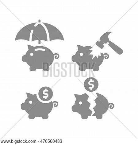 Broken Piggy Bank With Hammer Vector Icon Set. Inflation And Money With Dollar, Financial Insurance 