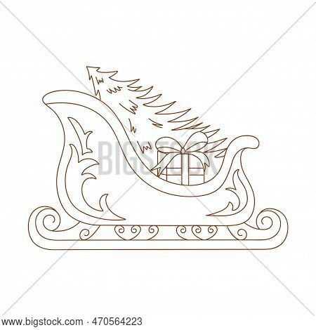 Coloring Page Outline Of Christmas Santa Claus Sleigh. Outlined Sleigh, Gift, Candy Cane And Spruce.
