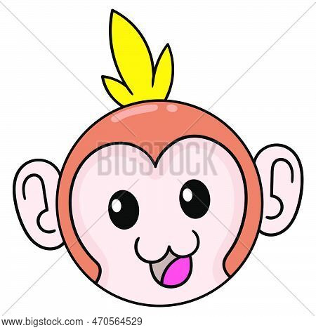 Cute Face Monkey Head Smiling Happily Sedang, Vector Illustration Carton Emoticon. Doodle Icon Drawi