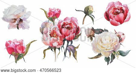Watercolor Set Of Pink And White Peonies Bouqet With Golden Potal On White Isolated Background. Bouq