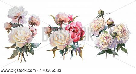 Watercolor Set Of Pink And White Peonies Bouqet With Golden Potal On White Isolated Background. Bouq