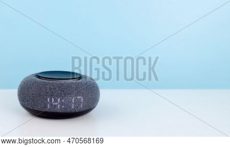 Home Mini Smart Speaker Close Up. Smart Ai Speaker Concept. Smart Home Assistant, Smart Home Device 