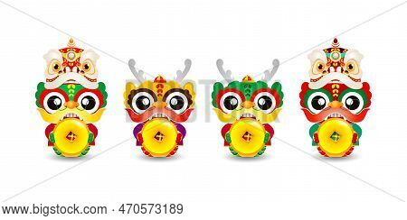 Happy Chinese New Year 2024 And Group Little Dragon Holding Coins Of Gold, Gong Xi Fa Cai, The Year 