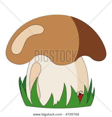 Pilz mit Gras und Marienkäfer
