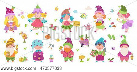 Fairy Tale Gnomes Set. Cute Garden Dwarf And Fairlady, Season Plants, Fresh Vegetables, Mushrooms An