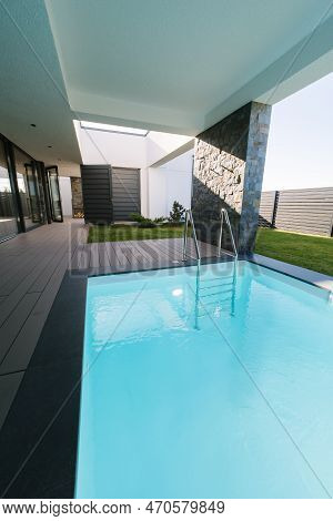 Plunge Pool With Cold Water Preparing After Relaxing In Sauna. Pool Is Filled With Water