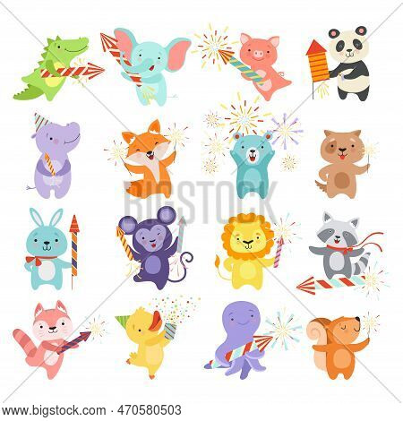 Cute Animal With Fireworks Enjoying Holiday Celebration Big Vector Set