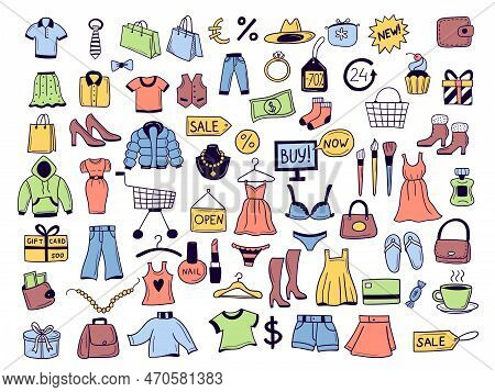 Shopping Items. Clothes Gadgets Market Products Delivery Symbols Recent Vector Pictures In Doodle St