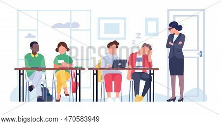 Professor Or Teacher Looks Reproachfully At Sleeping Student. Pupils Sitting At Desks. School Discip