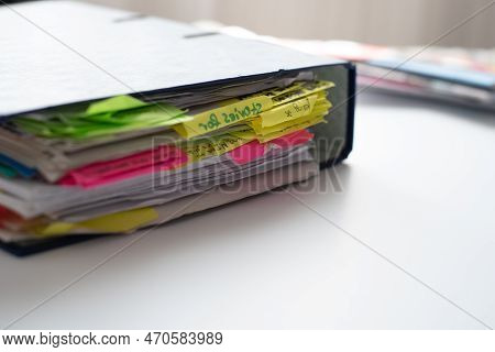 School Box-files With Organized Reading Document Notes On Table. Office Stationery Supplies