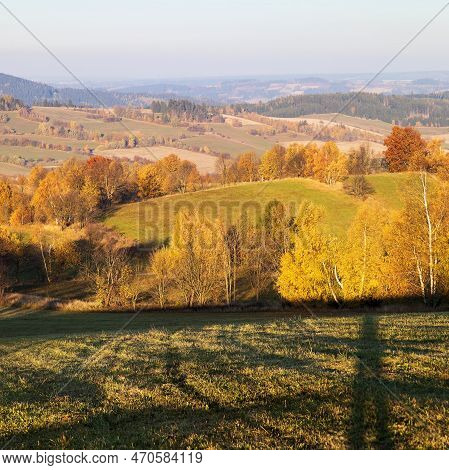 Autumn Panorama From Bohemian And Moravian Highland, View From Konikov Vecov Village, Zdarske Vrchy,