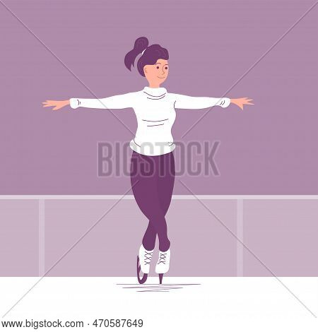A Young Woman Is Skating On Ice. Figure Skater Training. Winter Sport And Recreation. Flat Vector Il