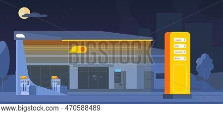 Night Petrol Station. Road Car Shop Refill Tank Petrol Essence, Prices Compare On Display Gas Or Die