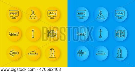 Set Line Spur, Kayak Or Canoe And Paddle, Crossed Arrows, Cactus, Saloon Door, Pointer To Wild West,