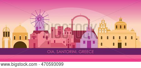 Sunset Skyline Panorama Of Village Of Oia, Santorini, Cyclades Islands, Greece - Vector Illustration