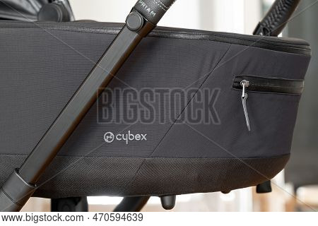 Novi Sad, Serbia - 15 January, 2023: Logo Of Cybex Platinum Brand On Black Baby Stroller. Cybex Is G