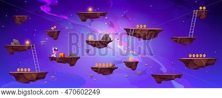 Flying Rock Islands Vector Game Space Background Landscape. Cartoon Planet In Galaxy For Arcade Vide