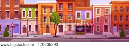 Cartoon City Street With Nice Houses And Cafe. Vector Illustration Of Town Neighborhood, Residential