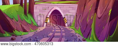 Cartoon Railway Tunnel In Mountains. Vector Illustration Of Railroad Track Running Through Stone Bri