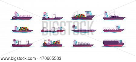 Freight Ships Collection. Cartoon Cargo Vessels, Flat Nautical Shipping Freighter Boats Carrying Con