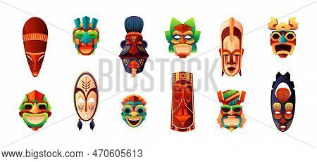African Ritual Masks. Traditional Ceremonial Tribal Human Face Shaped Totems, Indigenous Folk Decora