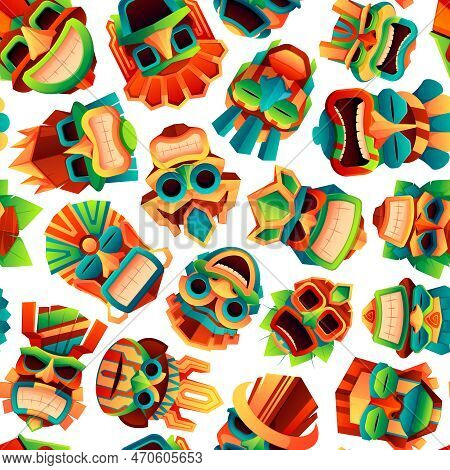African Masks Pattern. Seamless Print With Tribal Ritual Ethnic Zoomorphic Totems, Ancient Religious