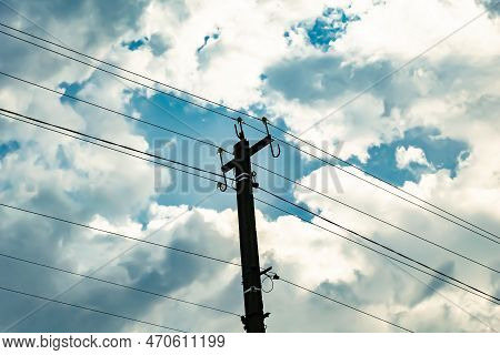 Power Electric Pole With Line Wire On Colored Background Close Up