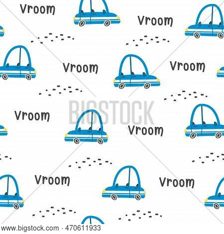 Childrens Seamless Vector Pattern With Cars. Cute Blue Cars. Lettering Vroom