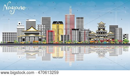 Nagano Japan City Skyline With Color Buildings, Blue Sky And Reflections. Vector Illustration. Busin