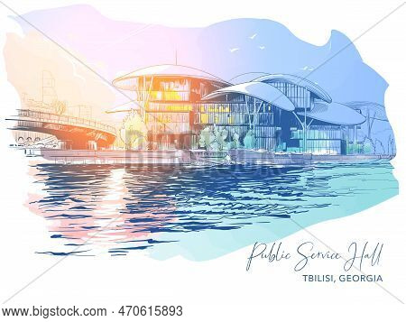 Public Service Hall Building And Kurt River Embankment In Tbilisi, Georgia. Sketch For A Postcard Or