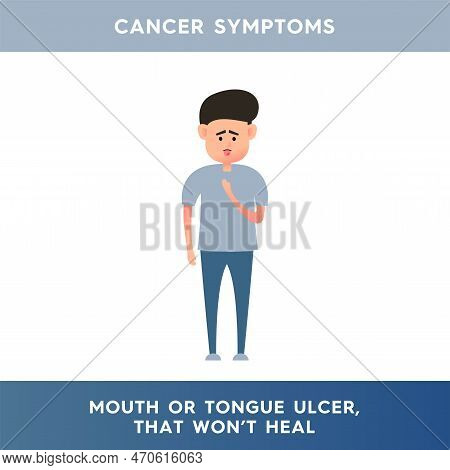 Vector Illustration Of A Man With Ulcers On His Tongue. Non-healing Wounds In The Oral Cavity. A Man