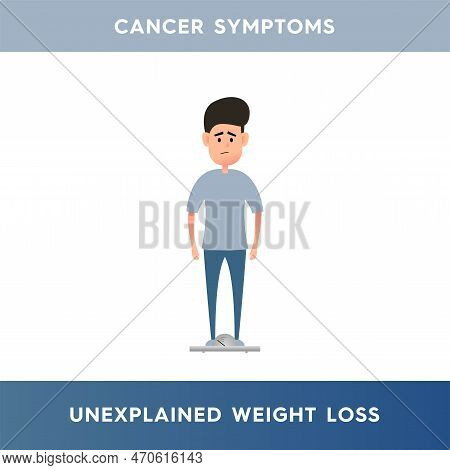 Vector Illustration Of A Thin Man Who Stands On The Scales. Person With Low Body Weight. Unexplained