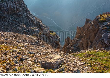 Awesome Mountain View From Cliff At Very High Altitude. Scenic Landscape With Beautiful Sharp Rocks 