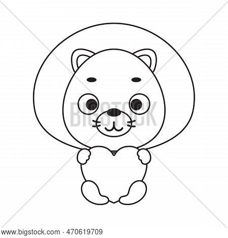 Coloring Page Cute Little Lion Holds Heart. Coloring Book For Kids. Edulionional Activity For Presch