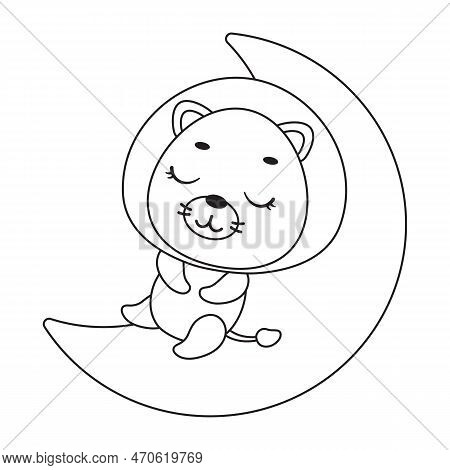 Coloring Page Cute Little Lion Sleeping On Moon. Coloring Book For Kids. Edulionional Activity For P