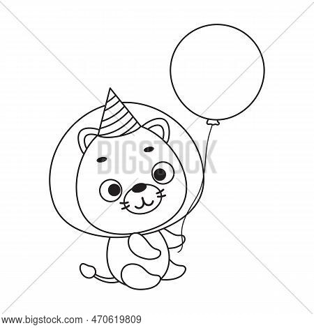 Coloring Page Cute Little Lion In Birthday Hat Hold Balloon. Coloring Book For Kids. Edulionional Ac