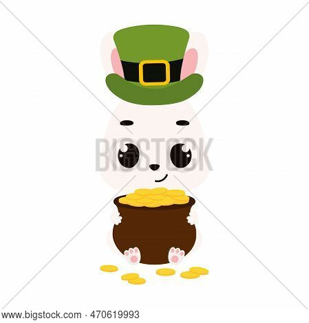 Cute Bunny In Green Leprechaun Hat Holds Bowler With Gold Coins. Irish Holiday Folklore Theme. Carto
