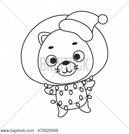 Coloring Page Cute Christmas Lion With Garland. Coloring Book For Kids. Edulionional Activity For Pr