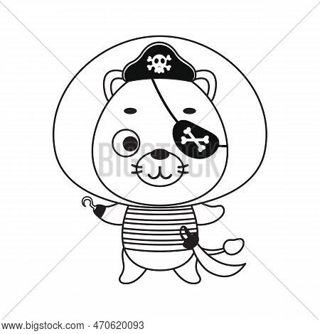 Coloring Page Cute Little Pirate Lion With Hook And Blindfold. Coloring Book For Kids. Edulionional 